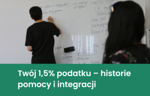 Zdjęcie lekcji polskiego. Dwie postaci tyłem. Jedna osoba zapisuje wyrazy po polsku na tablicy, druga osoba patrzy na tablicę. Pod zdjęciem napis: Twój 1,5 podatku - historie pomocy i integracji.