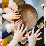 Kolaż 3 zdjęć. Widok z góry. 1) Dziewczynka miesza masę na muffinki. 2) Dłonie 3 dzieci nad miską z masą. 3) Chłopiec miesza masę.